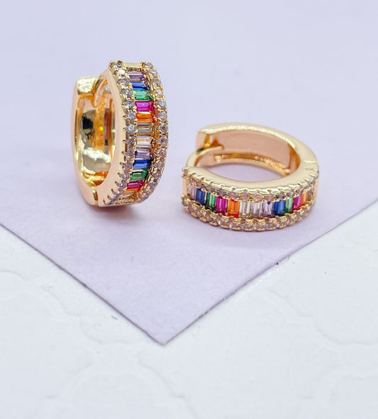 18k Gold Filled Colorful Baguette Stone Huggie Earring