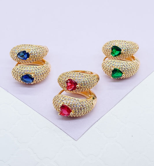 18k Gold Filled Chunky Pave Huggies Earrings With 3 Different Colorful Stone in Center