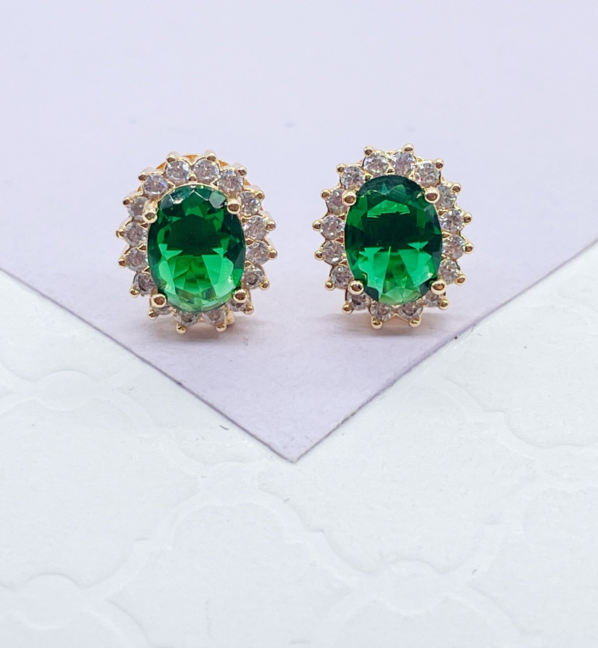 18k Gold Filled Emerald Green Stud Earring Crowned with White CZ Stones