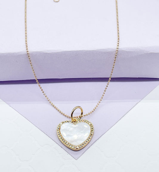 18k Gold Filled Mother of Pearl Heart Crowned With CZ Stones Necklace