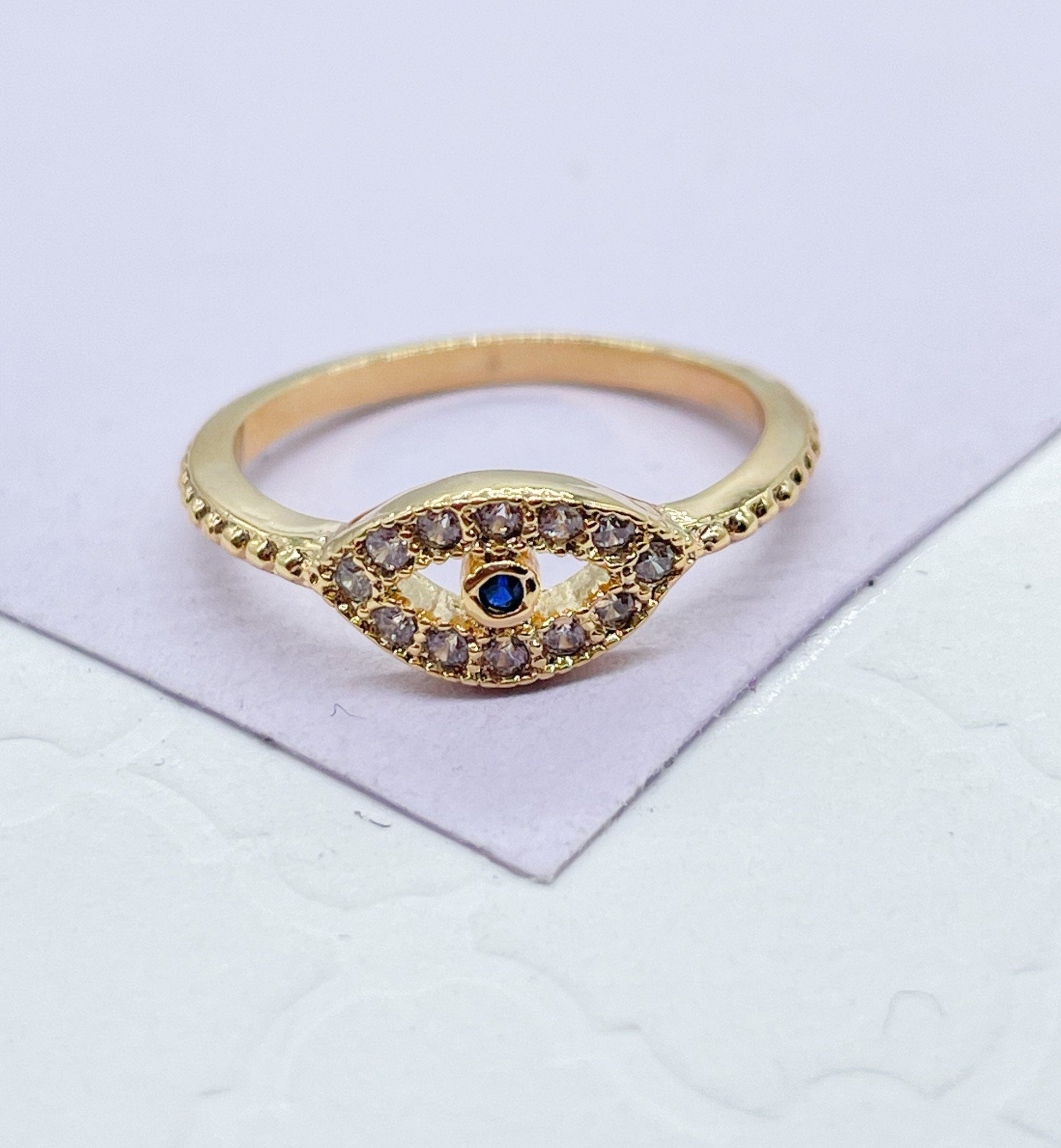 18k Gold Filled Pave Evil Eye Ring With Blue Stone Center