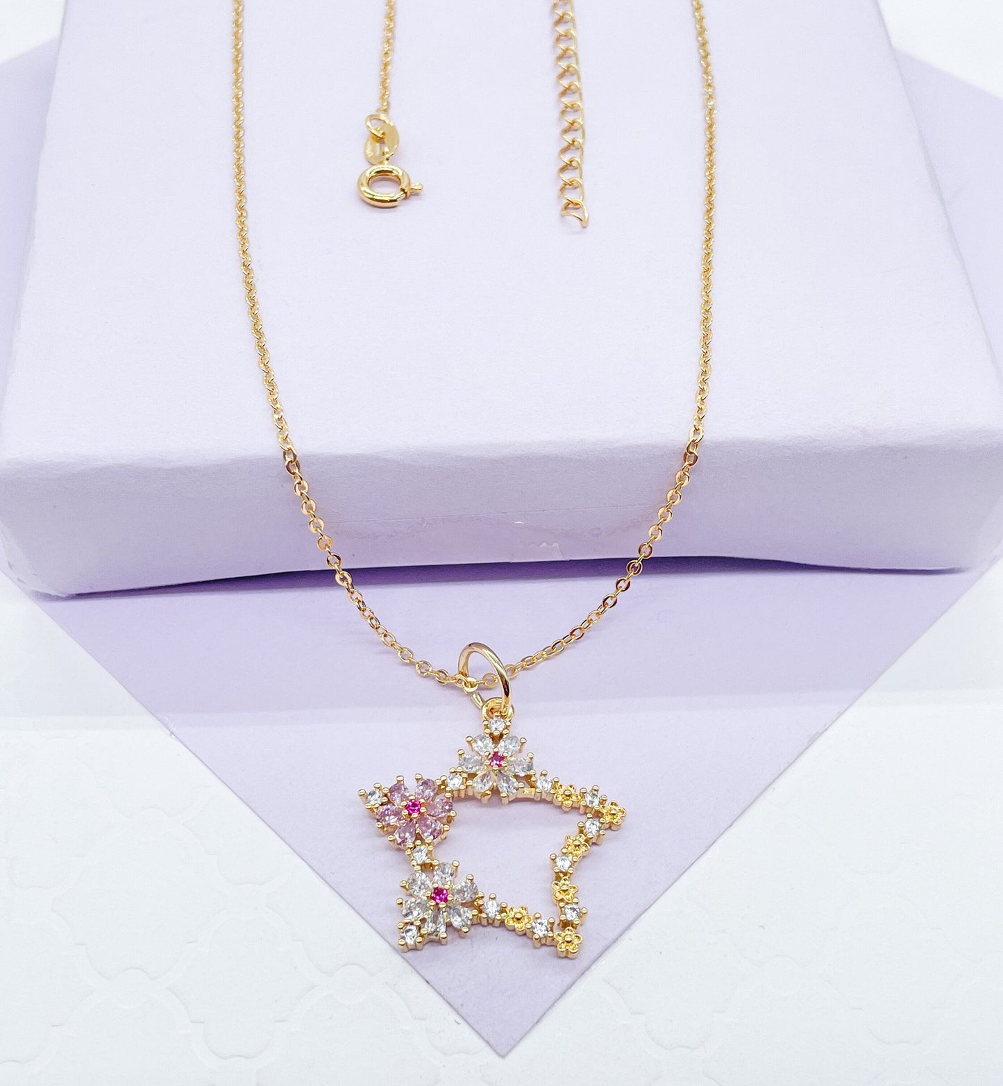 18k Gold Filled Charm Necklace with Pink, Magenta and White CZ stones