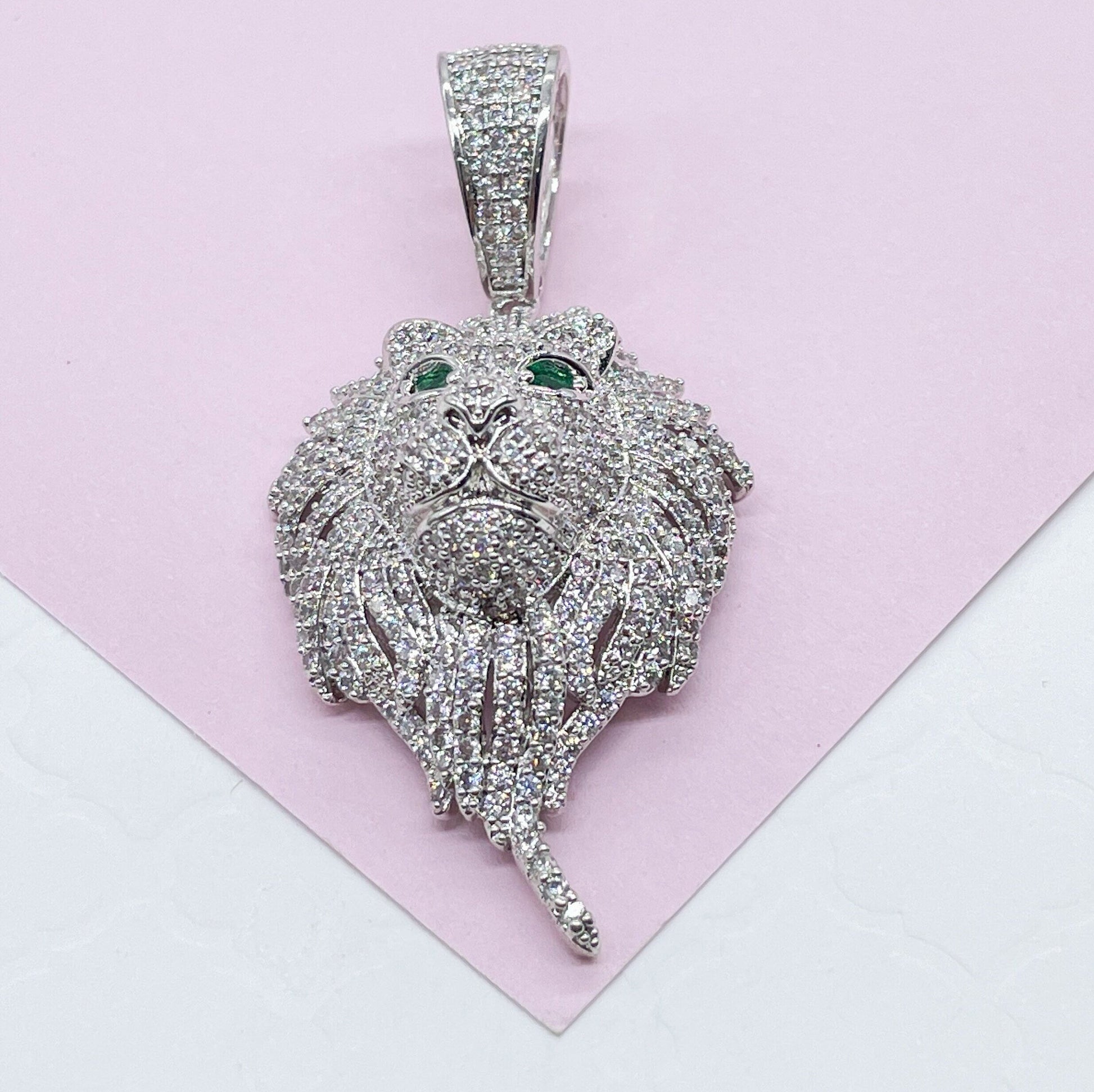 18k SilverFilled Medium Sized Lion Head Pendant With Emerald Green Eyes