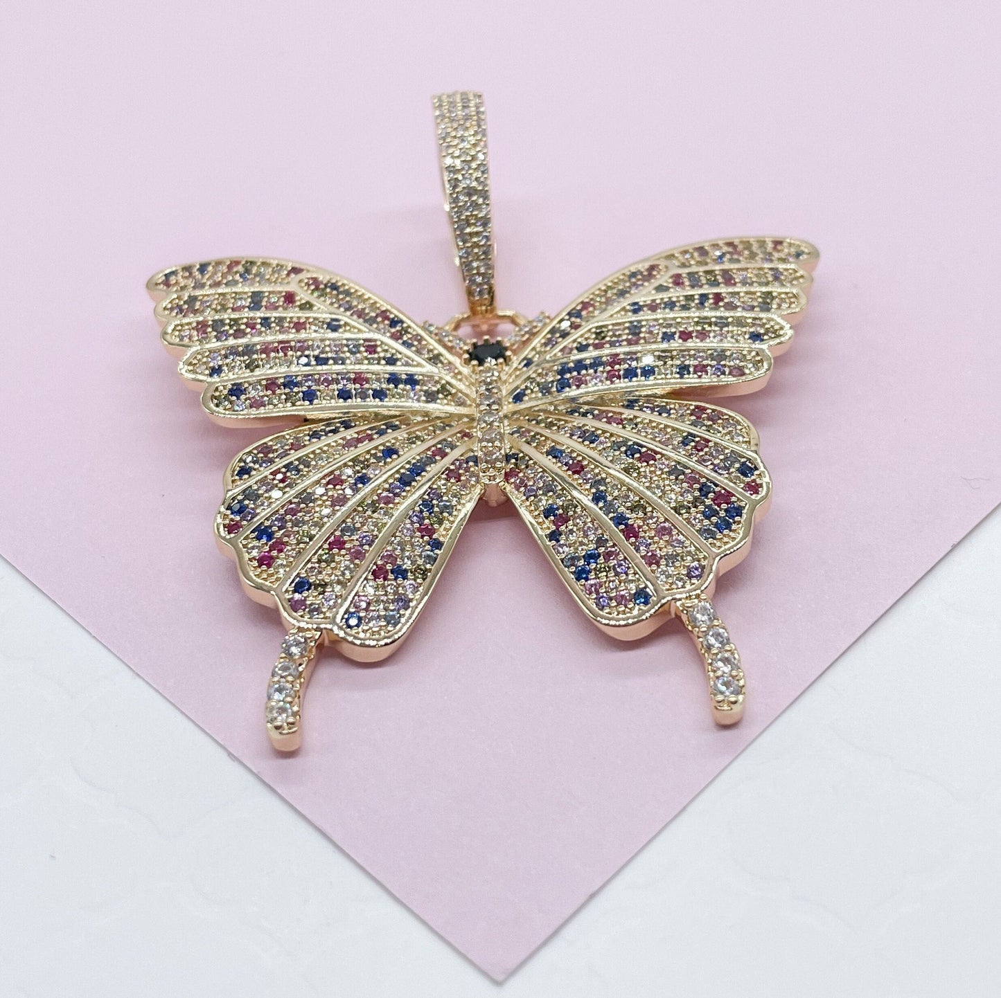 18k Gold Filled Colorful CZ Pave Extra-Large Butterfly Pendant