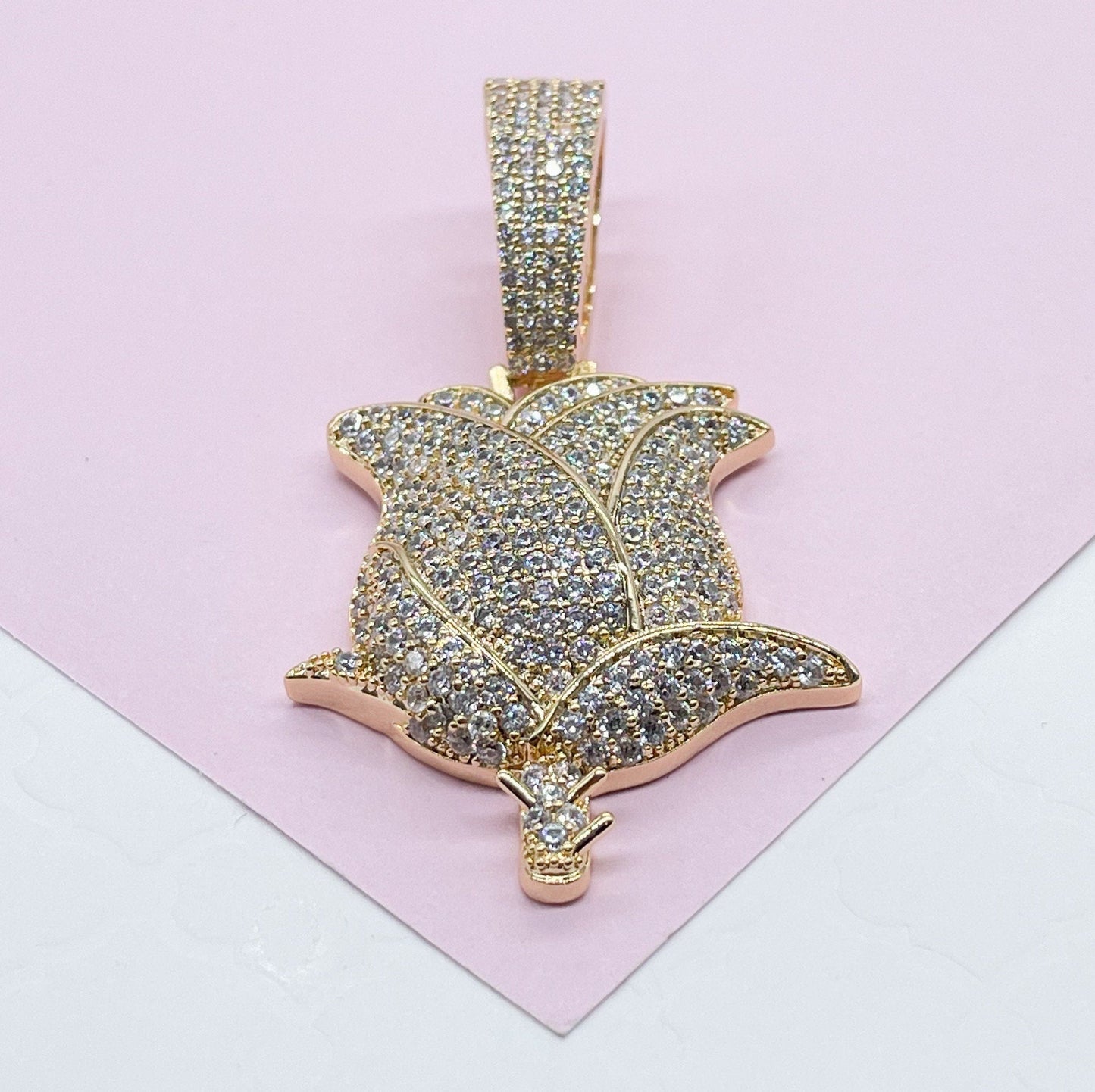 18k Gold Filled Large White CZ Pave Rose Pendant