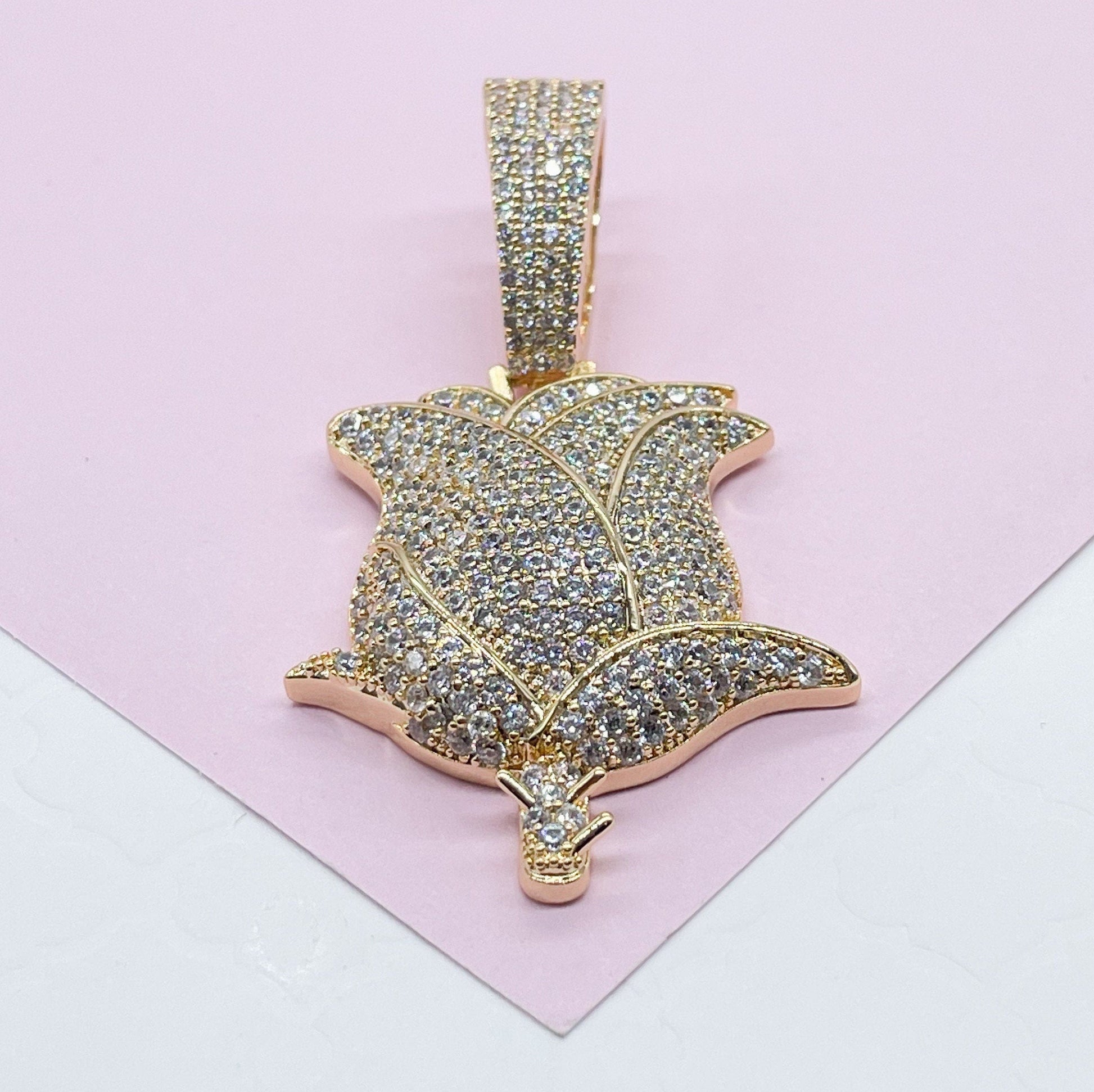 18k Gold Filled Large White CZ Pave Rose Pendant