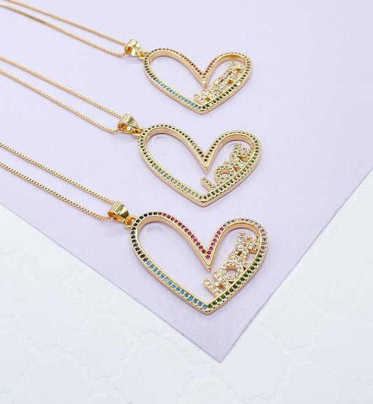 18k Gold Filled Colorful Heart Necklaces With Love, Hope and Happy