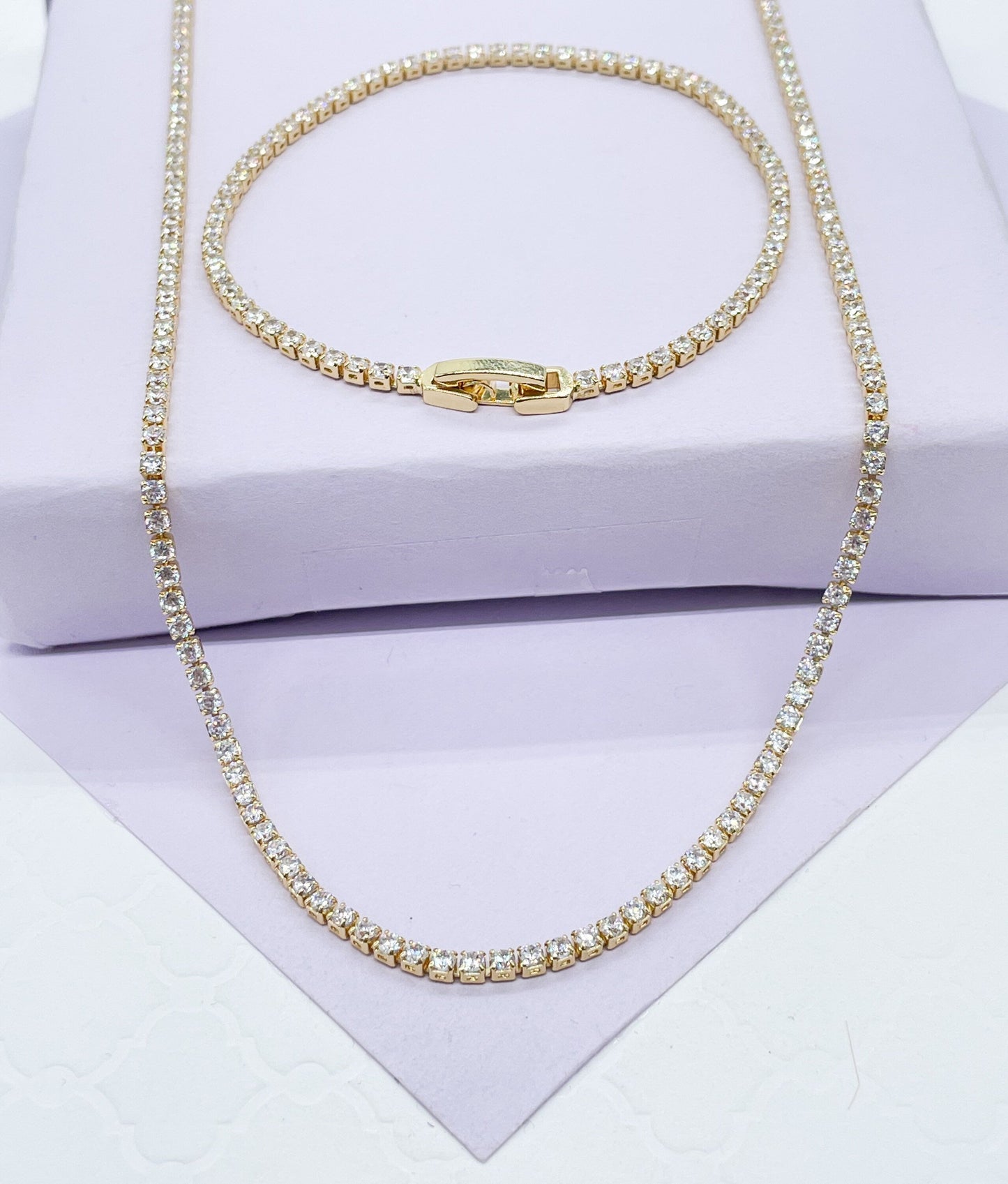 18k Gold Filled Dainty Thin Tennis Chain & Bracelet Set