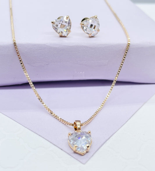 18k Gold Filled Clear CZ Stone Heart Set With Thin Dainty Box Chain