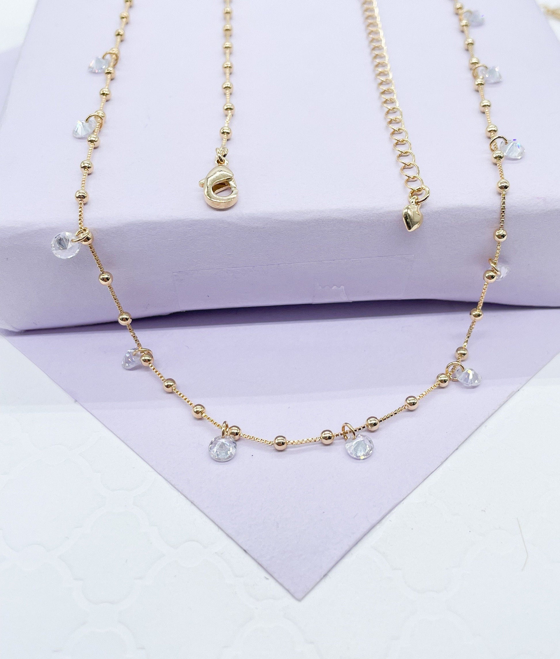 18k Gold Filled Sophisticated Satellite Choker With Dangling CZ Stones
