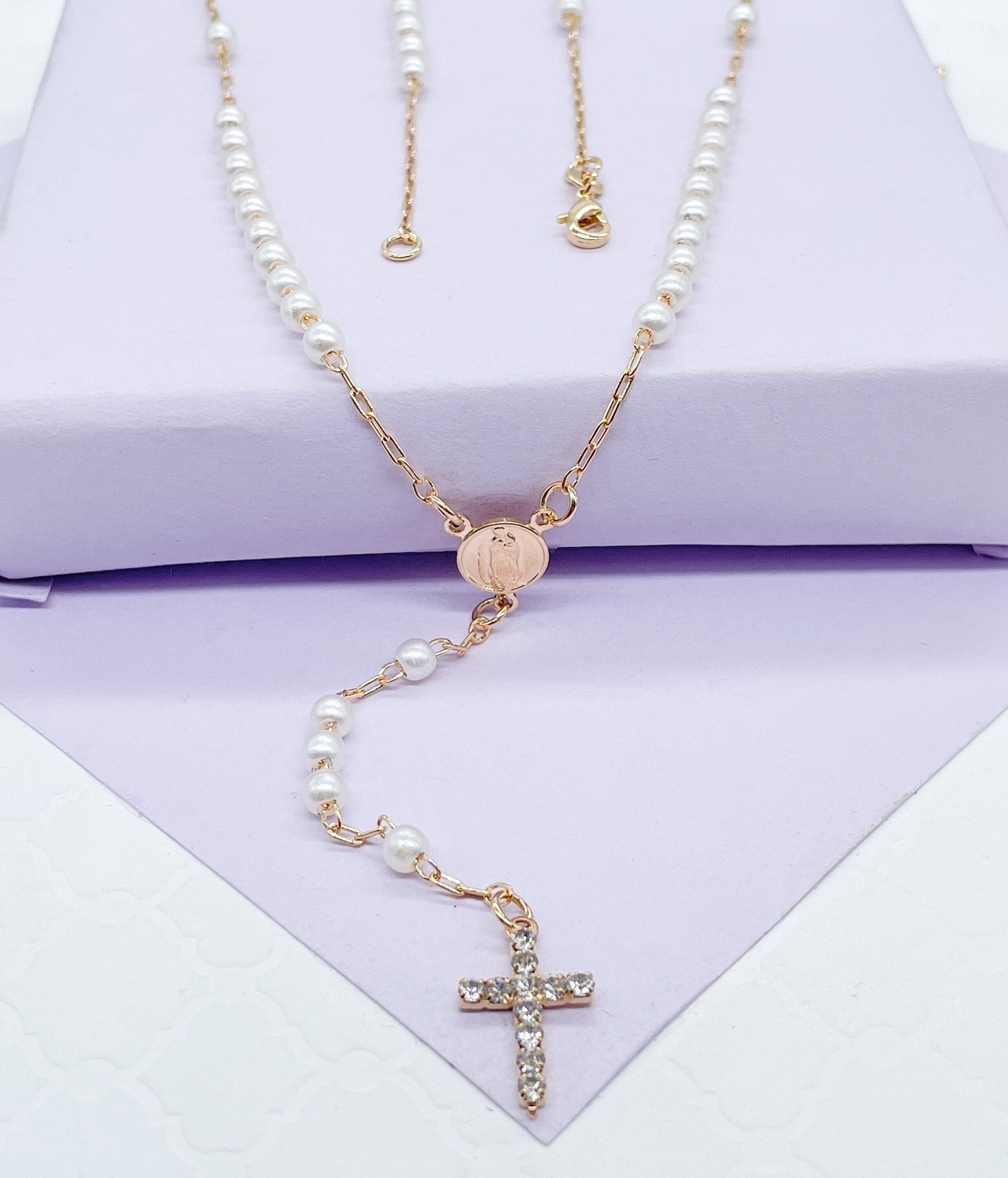 18k Gold Filled Pearl Beaded Rosary Chain With Pave Cross
