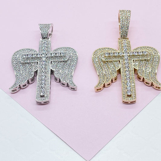 18k Gold & Silver Filled CZ Pave Zirconia Open Angel Wings Angel featuring a Stone Cross in the Center