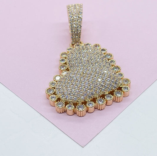 18k Gold Filled CZ Pave Large Puffy Heart Charm Pendant Crowned with Small Circle Zirconia