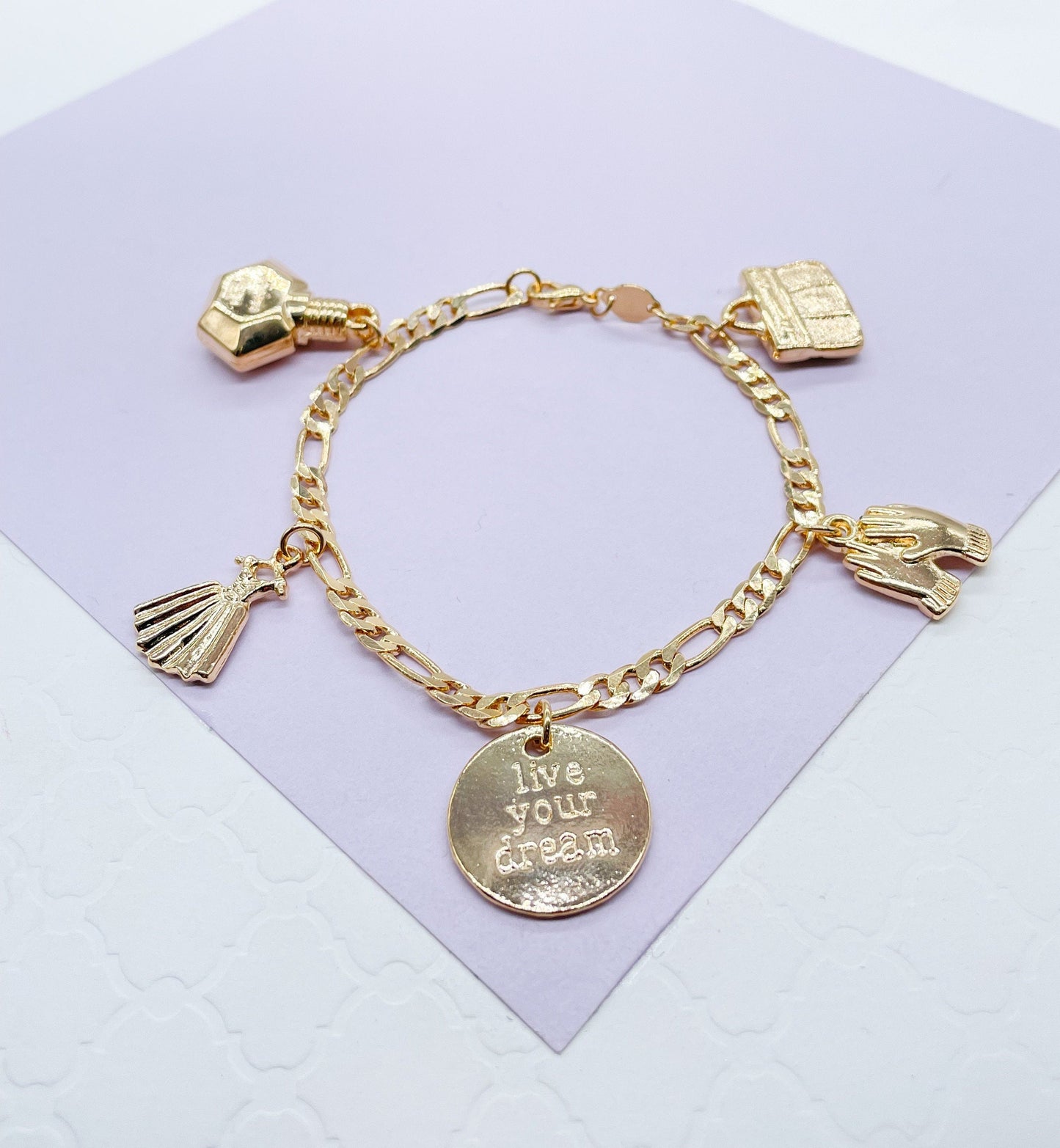 18k Gold Filled Figaro Link Charm Bracelet With Girly and Encouragement Charms