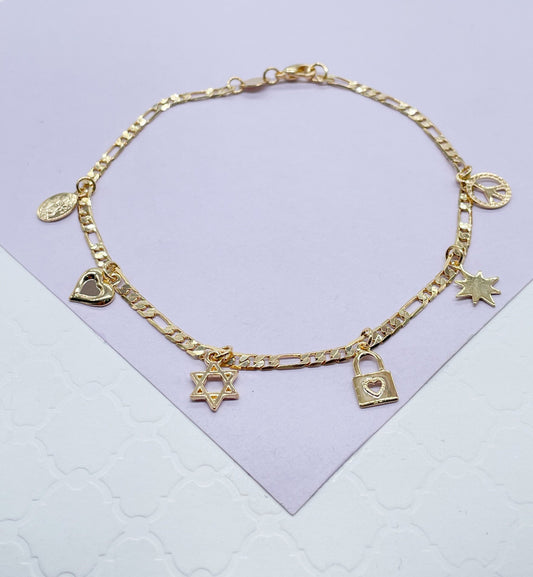 18k Gold Filled Figaro Anklet With Multiple Positive and Love Charms