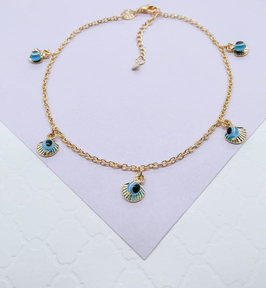 18k Gold Filled Rolo Link Charm Anklet With Evil Eye and Seashell Charms