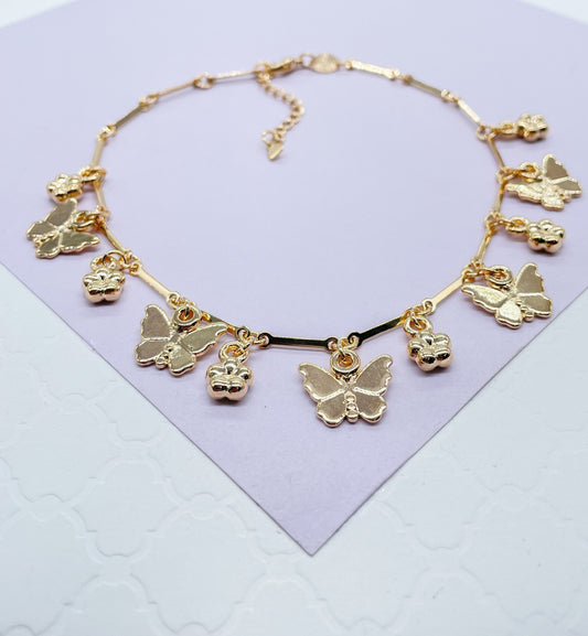 18k Gold Filled Dainty Link Ankle With Butterfly and Four Leaf Clover Charms