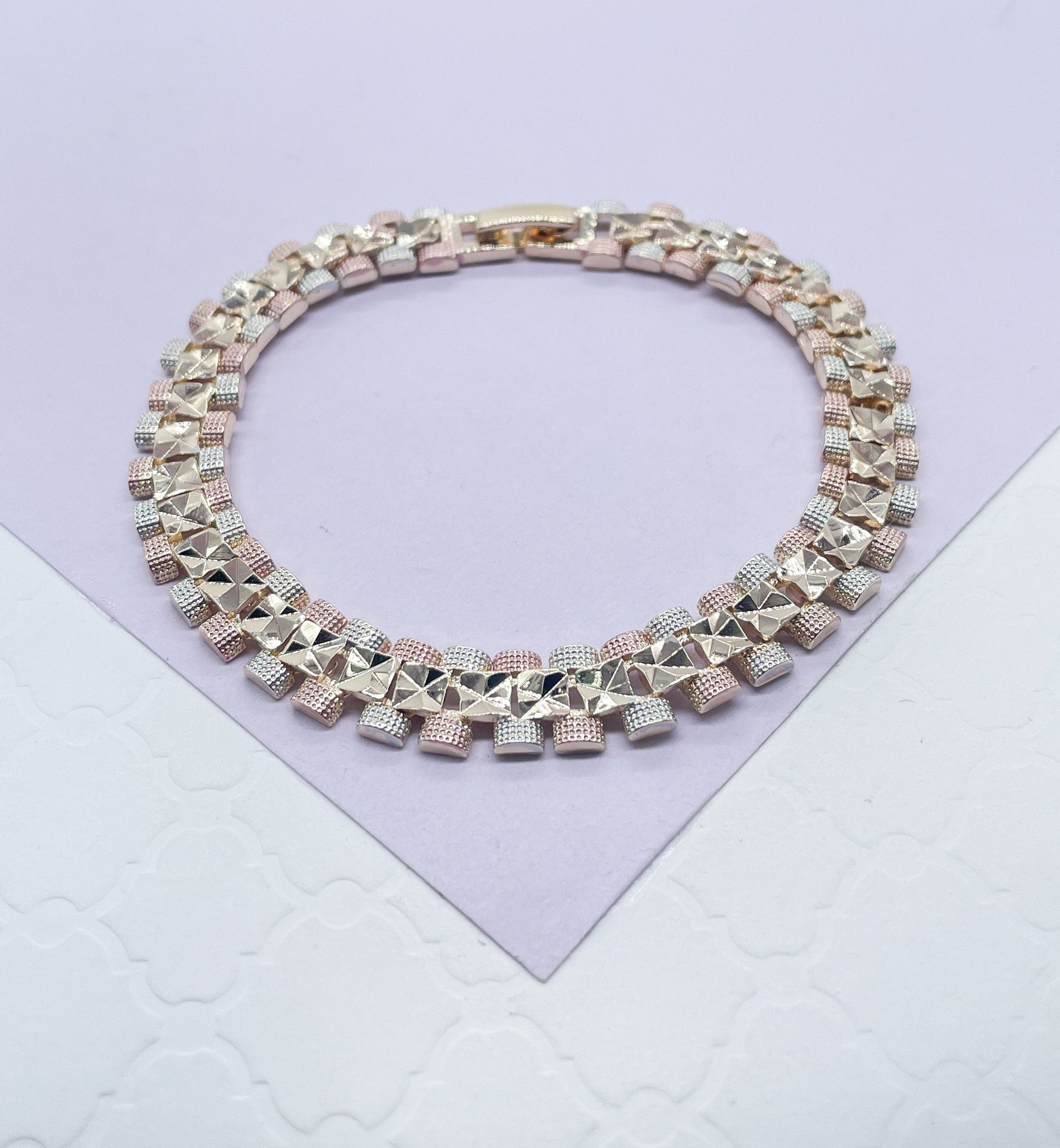 18k GoldFilled Tri-Colored Square Diamond Cut Patterned Textured Bracelet