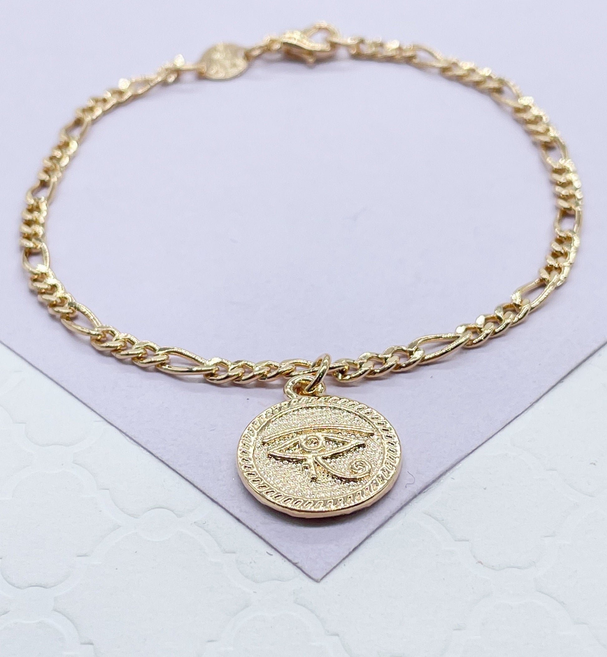 18k Gold Filled Figaro Link Bracelet With Eye Charm in Center