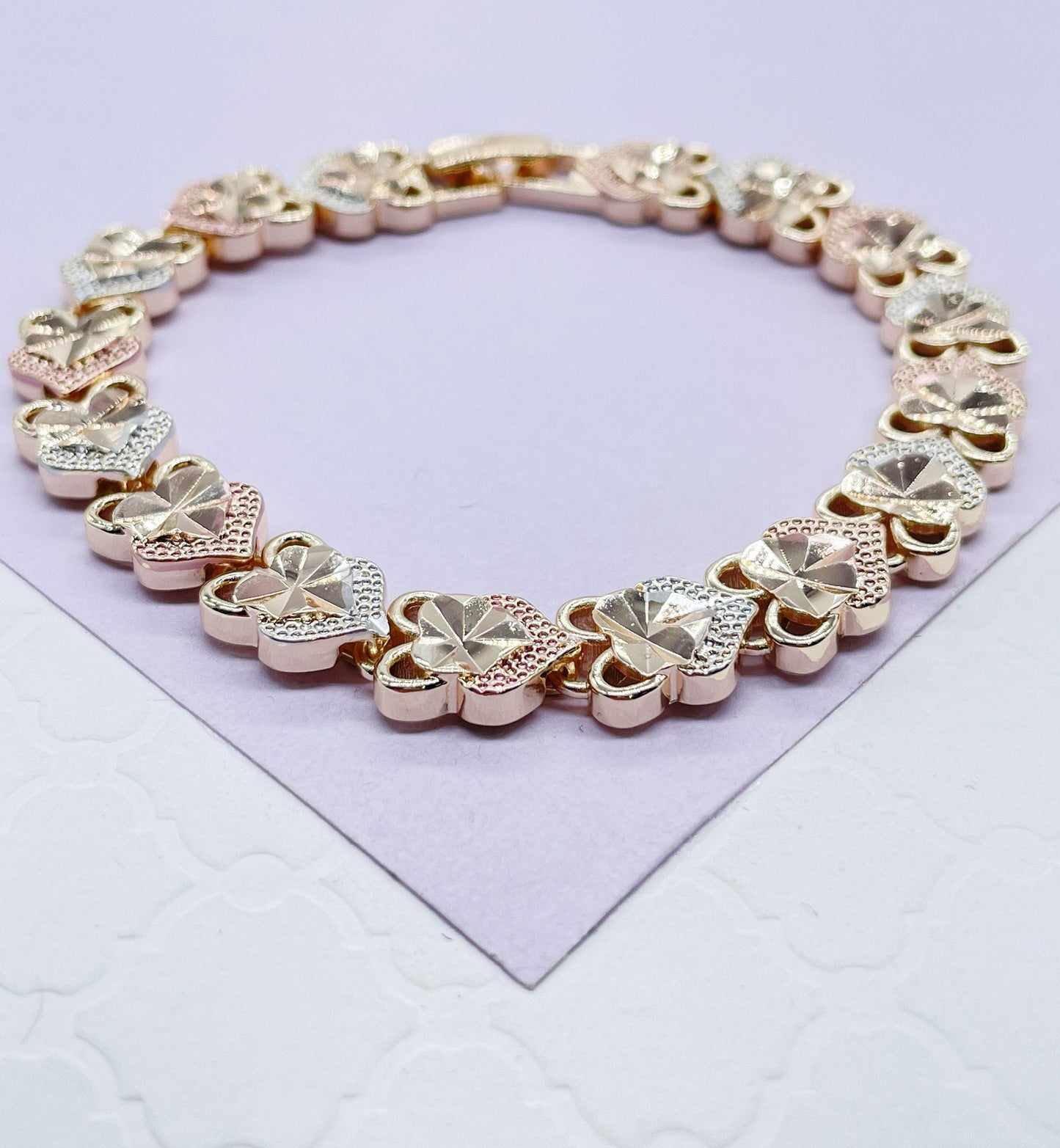 18k GoldFilled Tri-Colored Diamond Cut Heart Bracelet