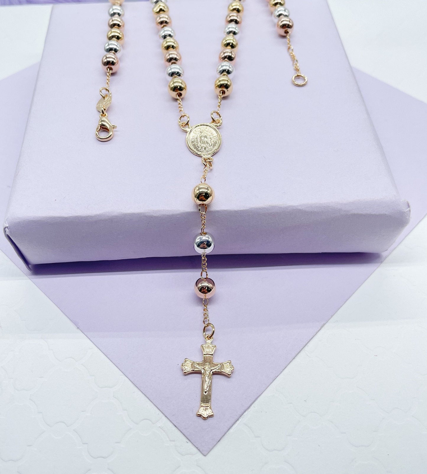 18k Gold Filled Tri-Colored Rosary With Virgin Mary Medal and Crucifix