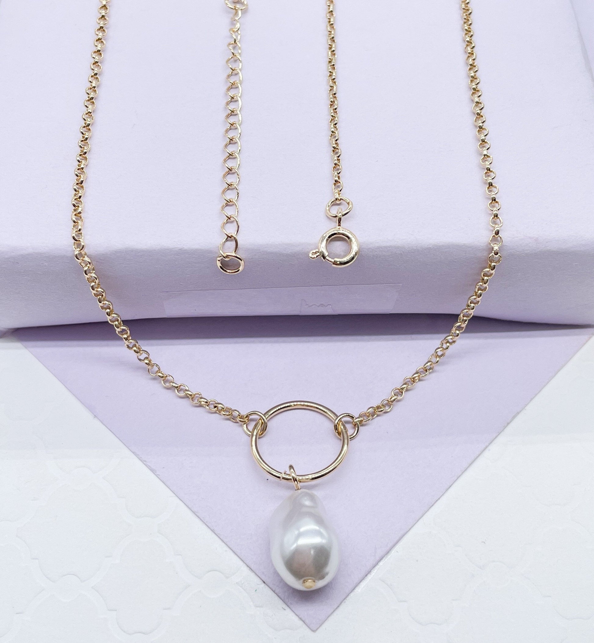 18k Gold Filled Rolo Choker With Large Synthetic Pearl Charm