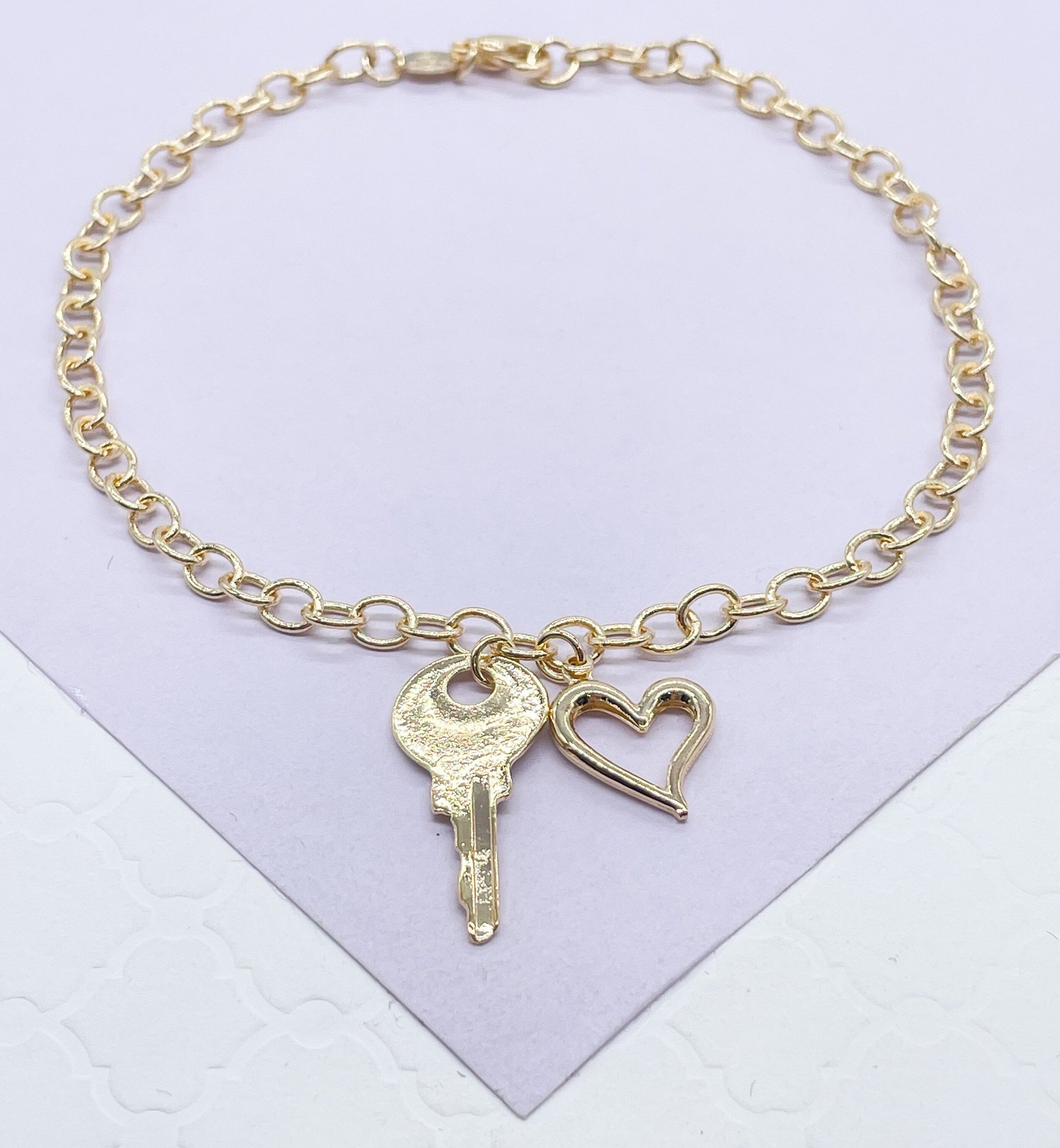 18k Gold Filled Dainty Curb Link Anklet With Heart and Key