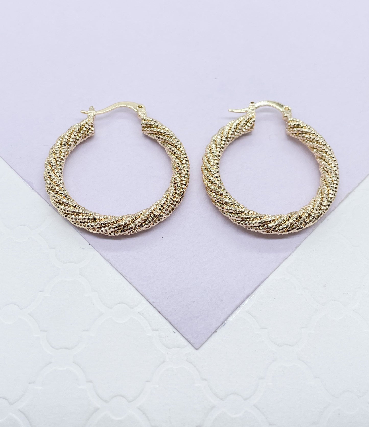 18k Gold Filled Rough Diamond CutTwisted Gold Hoops