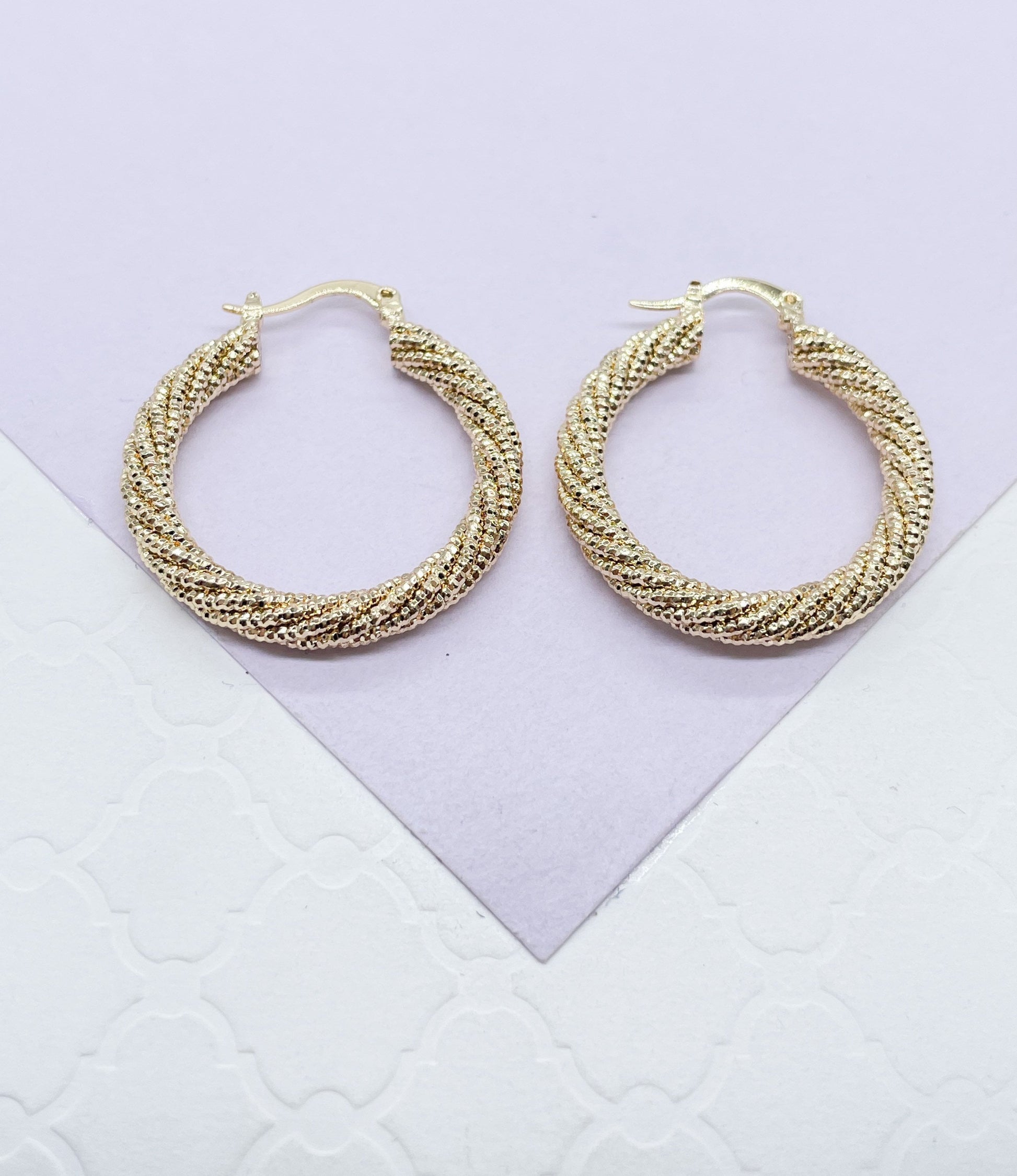 18k Gold Filled Rough Diamond CutTwisted Gold Hoops