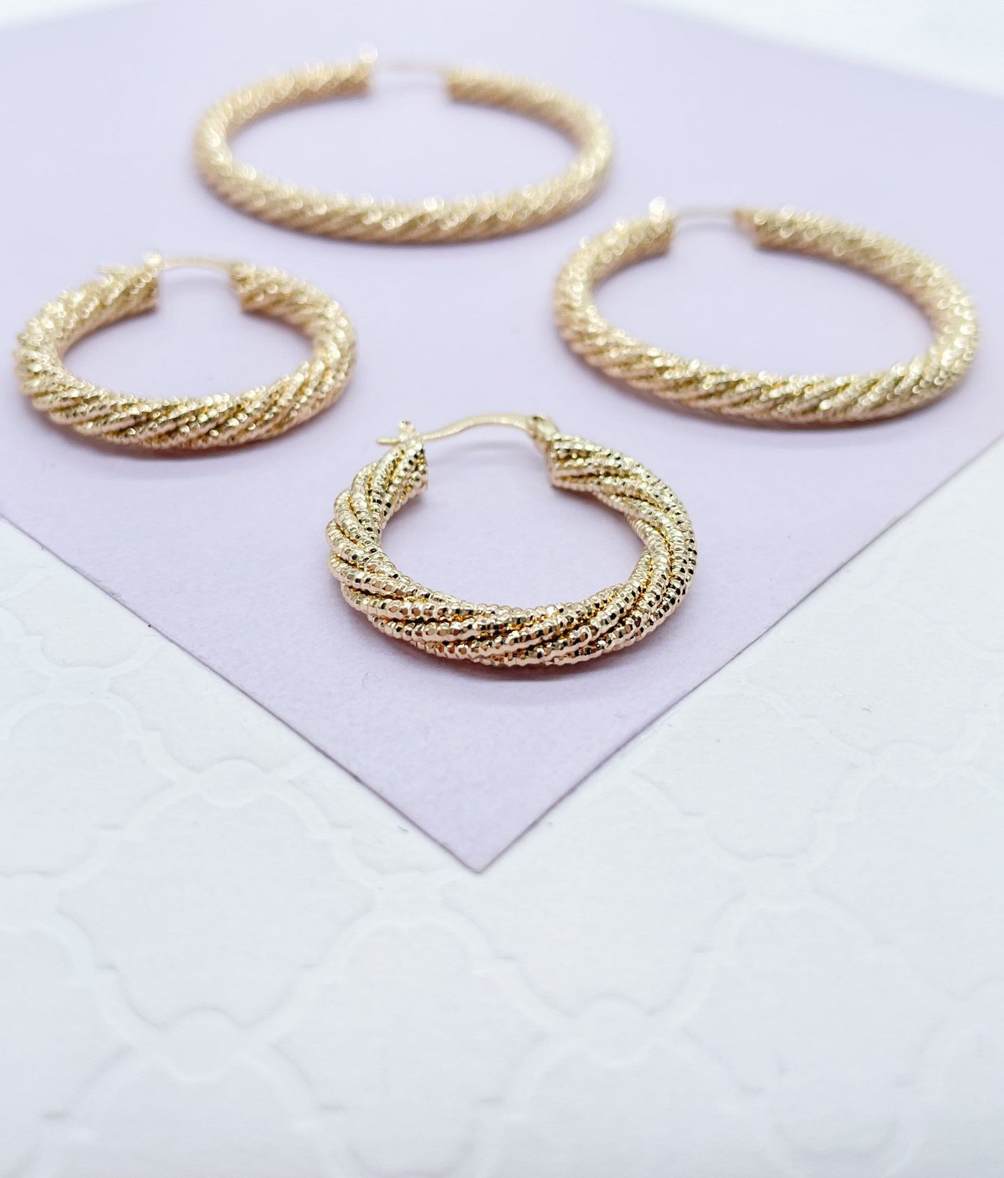 18k Gold Filled Rough Diamond CutTwisted Gold Hoops