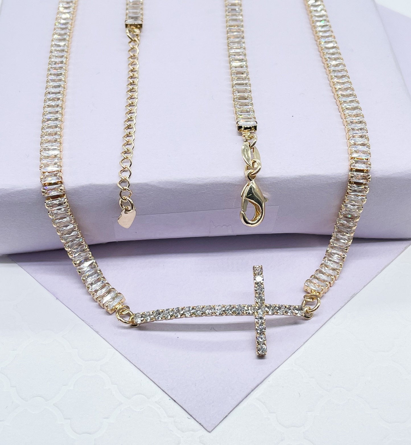 18k Gold Filled Baguette Choker With CZ Pavè Cross In The Center