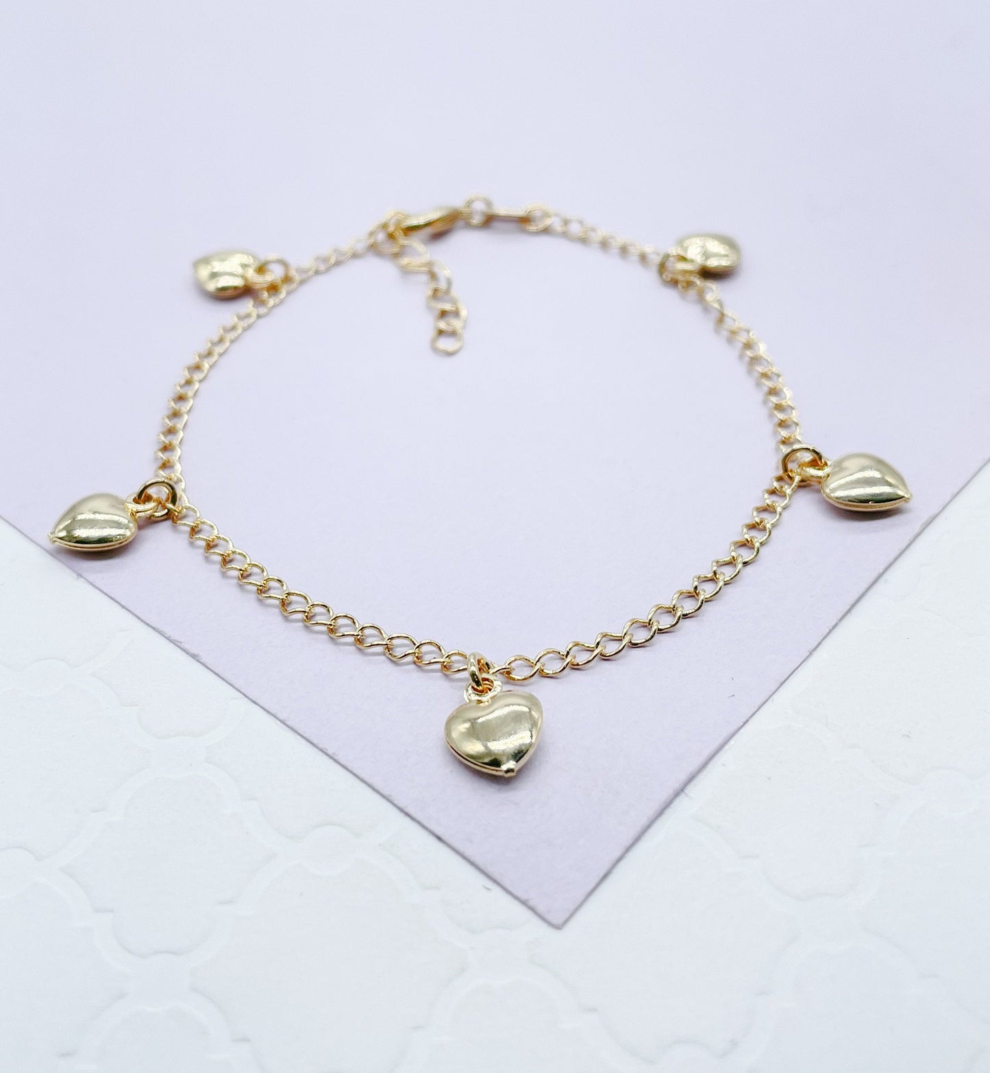 18k Gold Filled Curb Link Plain Bracelet With Heart Charm