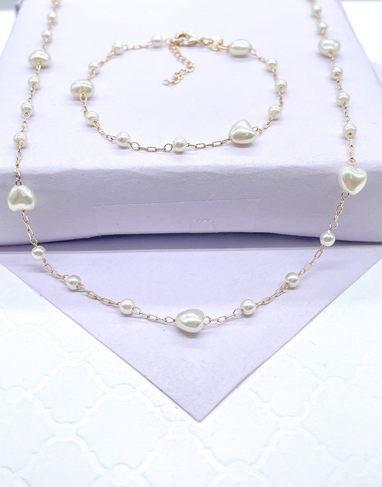 18k Gold Filled Heart Shaped Faux Pearl Set