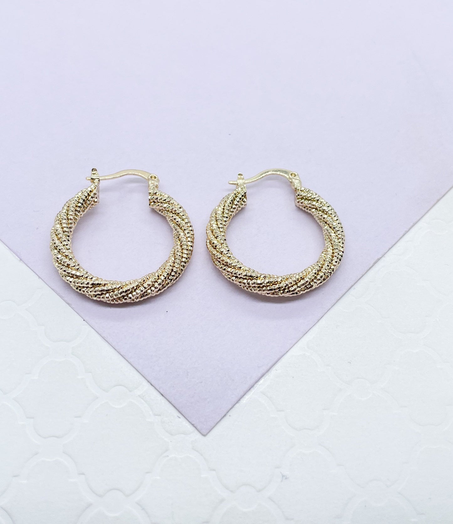 18k Gold Filled Rough Diamond CutTwisted Gold Hoops