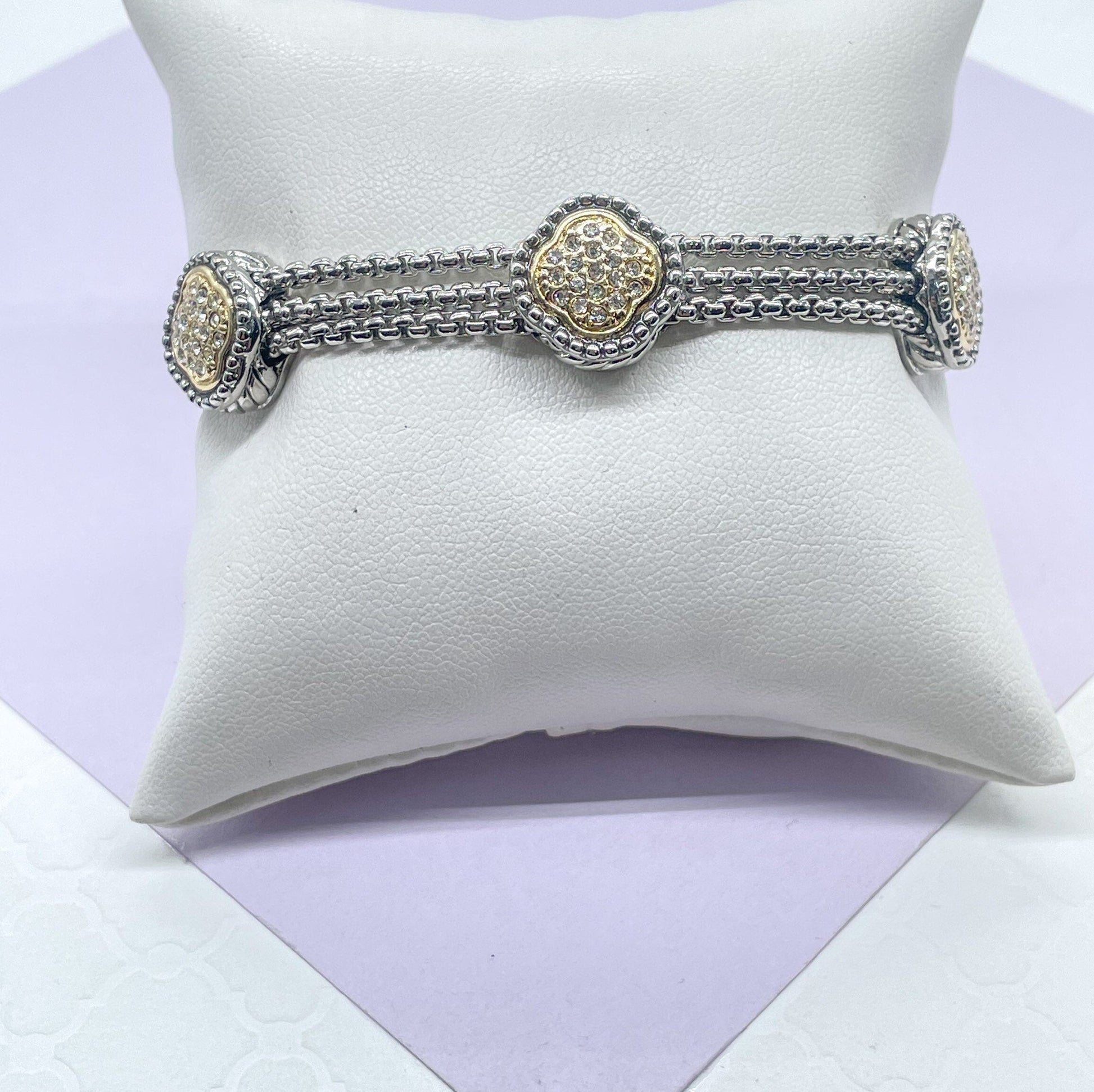 Silver Filled with Rhodium Bracelet With Gold Pave Charms & Magnetic Closure