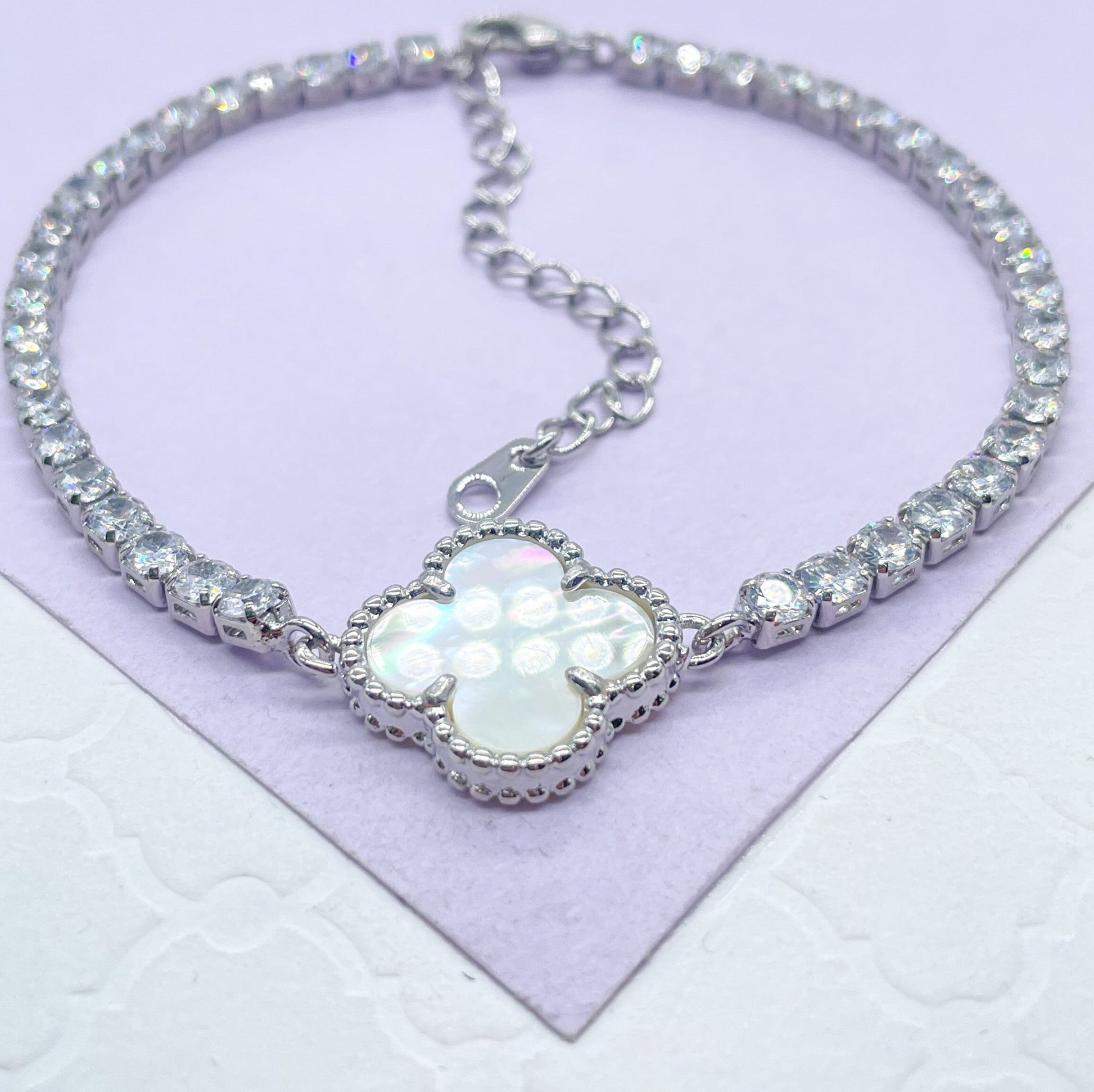 18k Silver Filled Tennis Chain Bracelet With Four Leaf Clover Charm