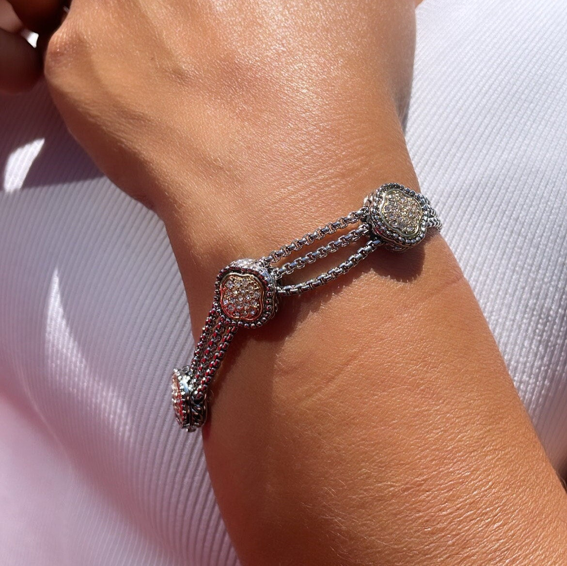Silver Filled with Rhodium Bracelet With Gold Pave Charms & Magnetic Closure