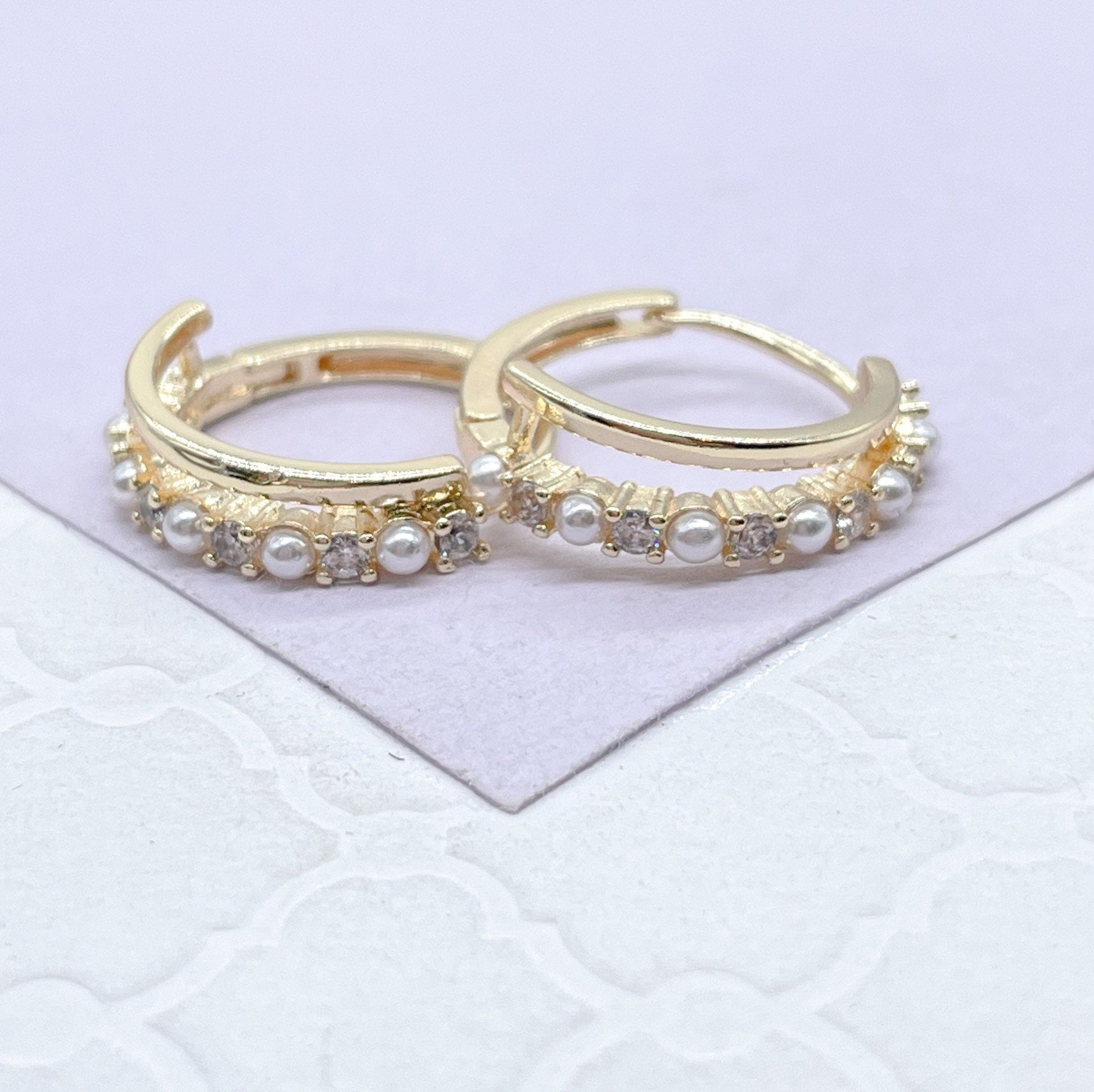 18k Gold Filled Double Rowed Hoop Earring With Pearl and CZ & Plain Smooth Rows