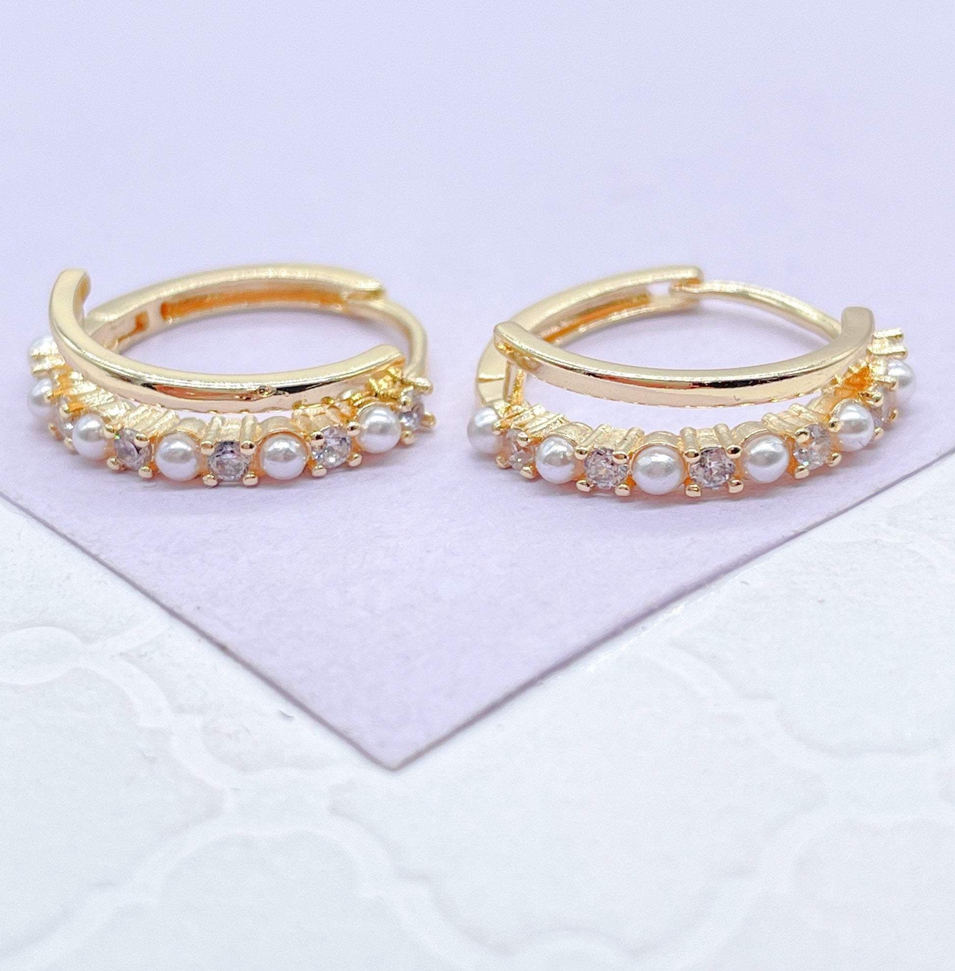 18k Gold Filled Double Rowed Hoop Earring With Pearl and CZ & Plain Smooth Rows