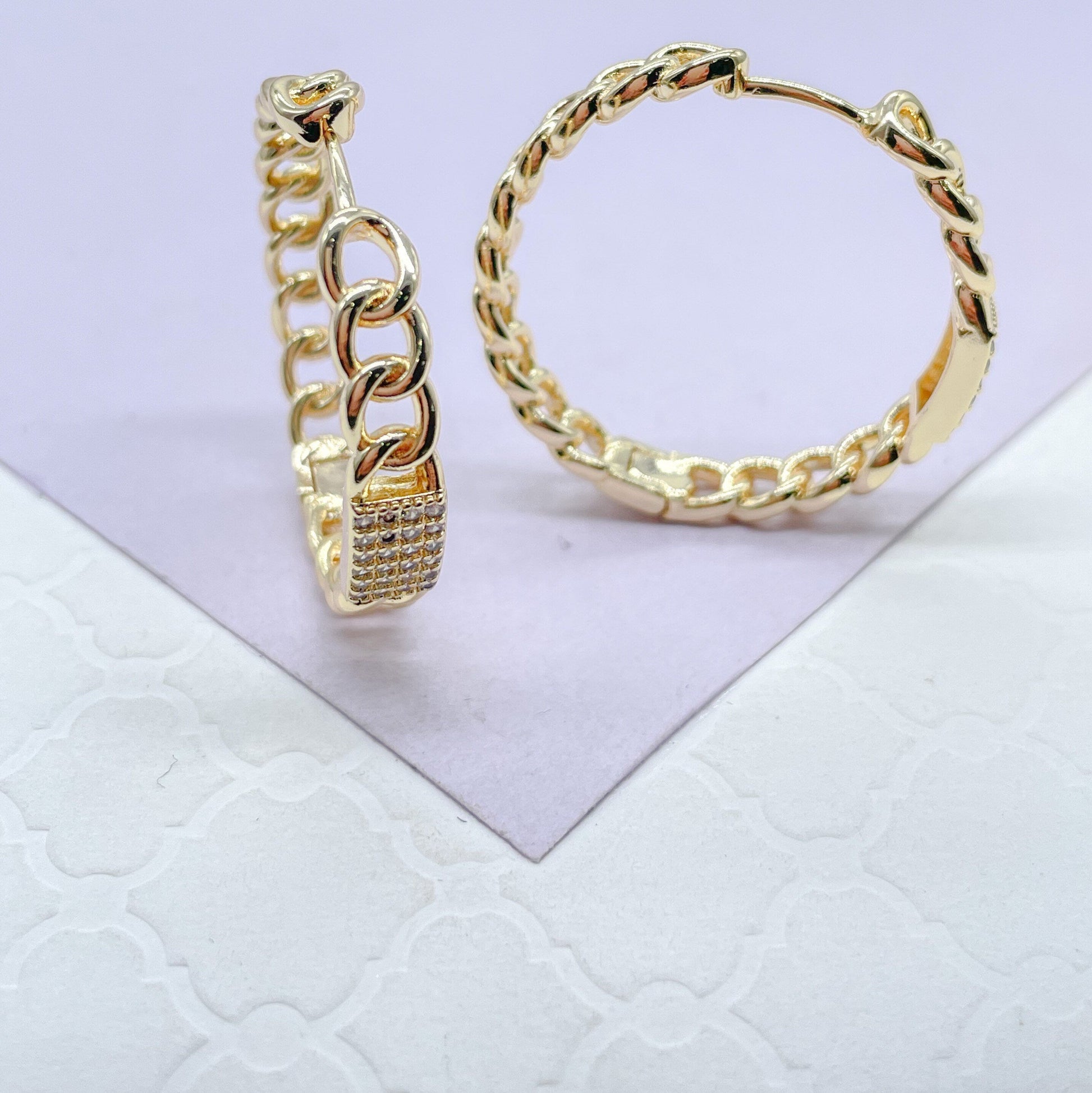 18k Gold Filled Plain Curb Link Hoop With Patterned CZ Pave Cube