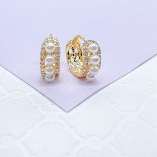 18k Gold Filled Huggies With Single Row of Pearl Surrounded With CZ