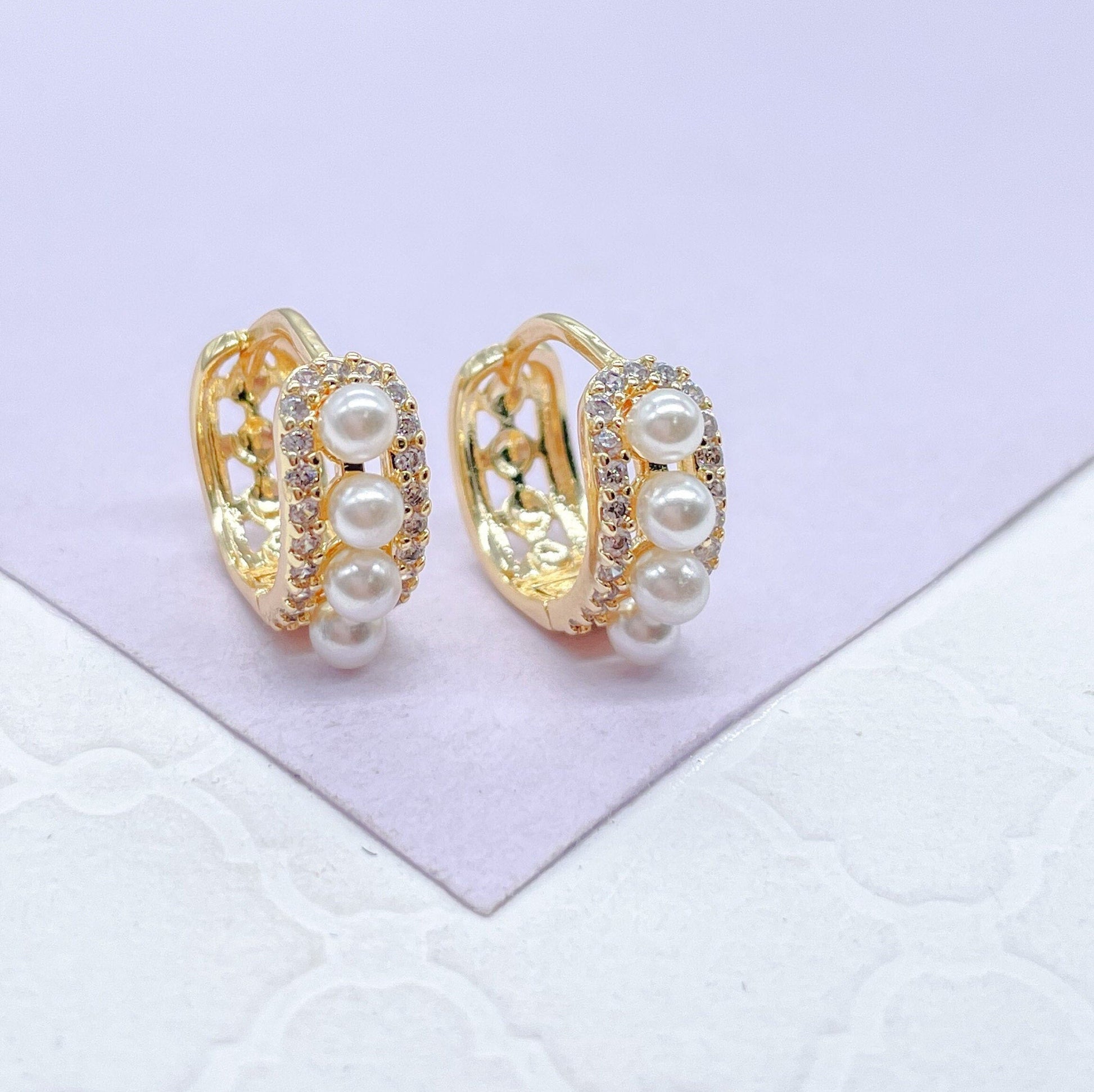18k Gold Filled Huggies With Single Row of Pearl Surrounded With CZ