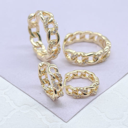 18k Gold Filled Chain Link Huggie Earring With CZ Stones