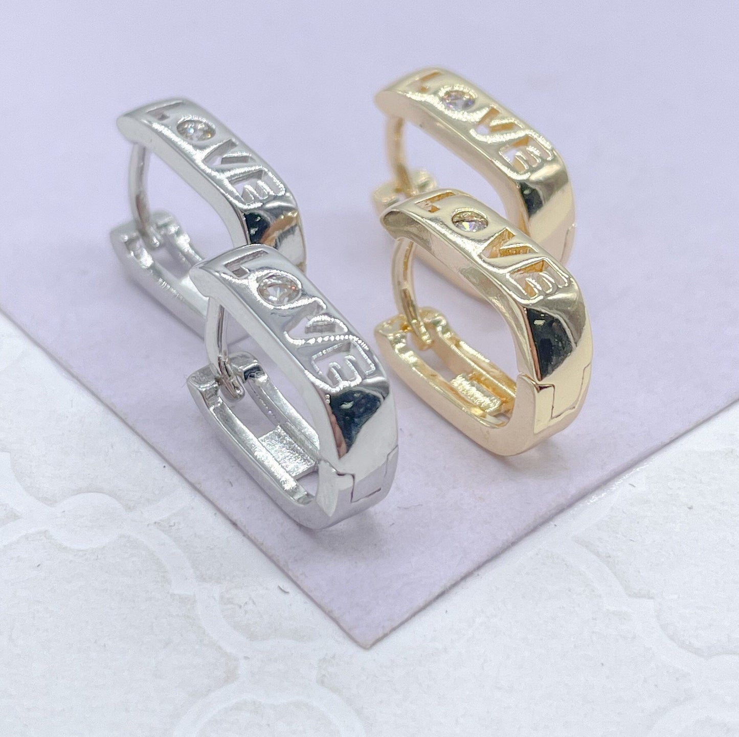 18k Gold Filled & Silver Filled Small  “Love” Square Hoop