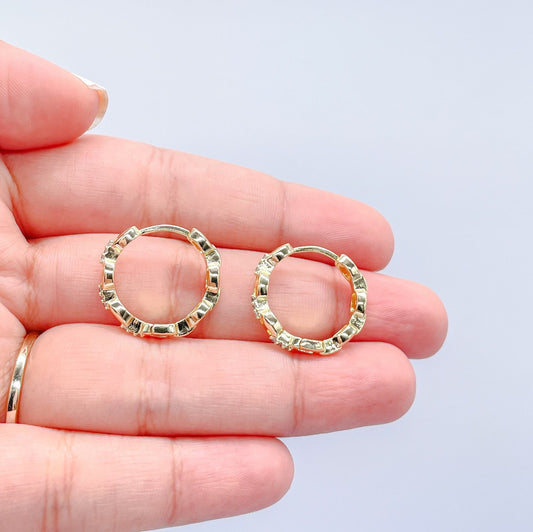 18k Gold Filled Puffy Mariner Curb Link Huggie Hoops With CZ Stones