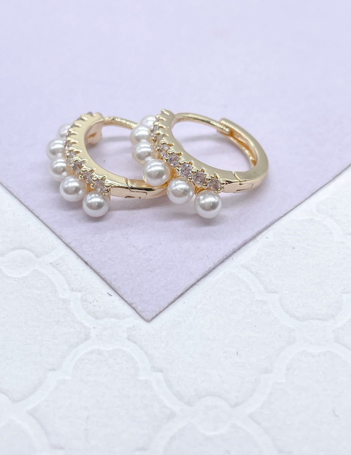 18k Gold Filled Dual Rowed Pearl And CZ Pave Hoop Earring