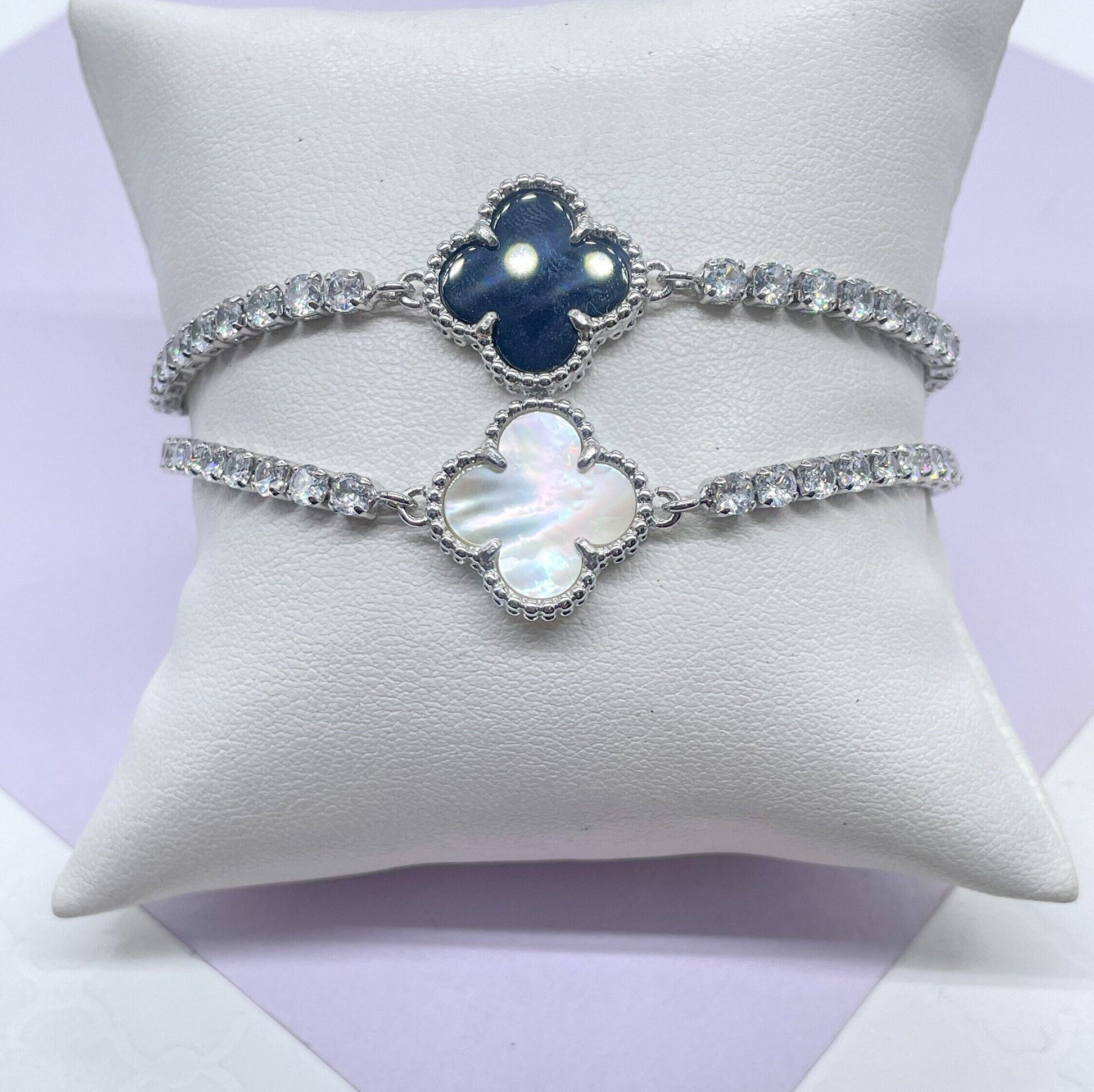 18k Silver Filled Tennis Chain Bracelet With Four Leaf Clover Charm