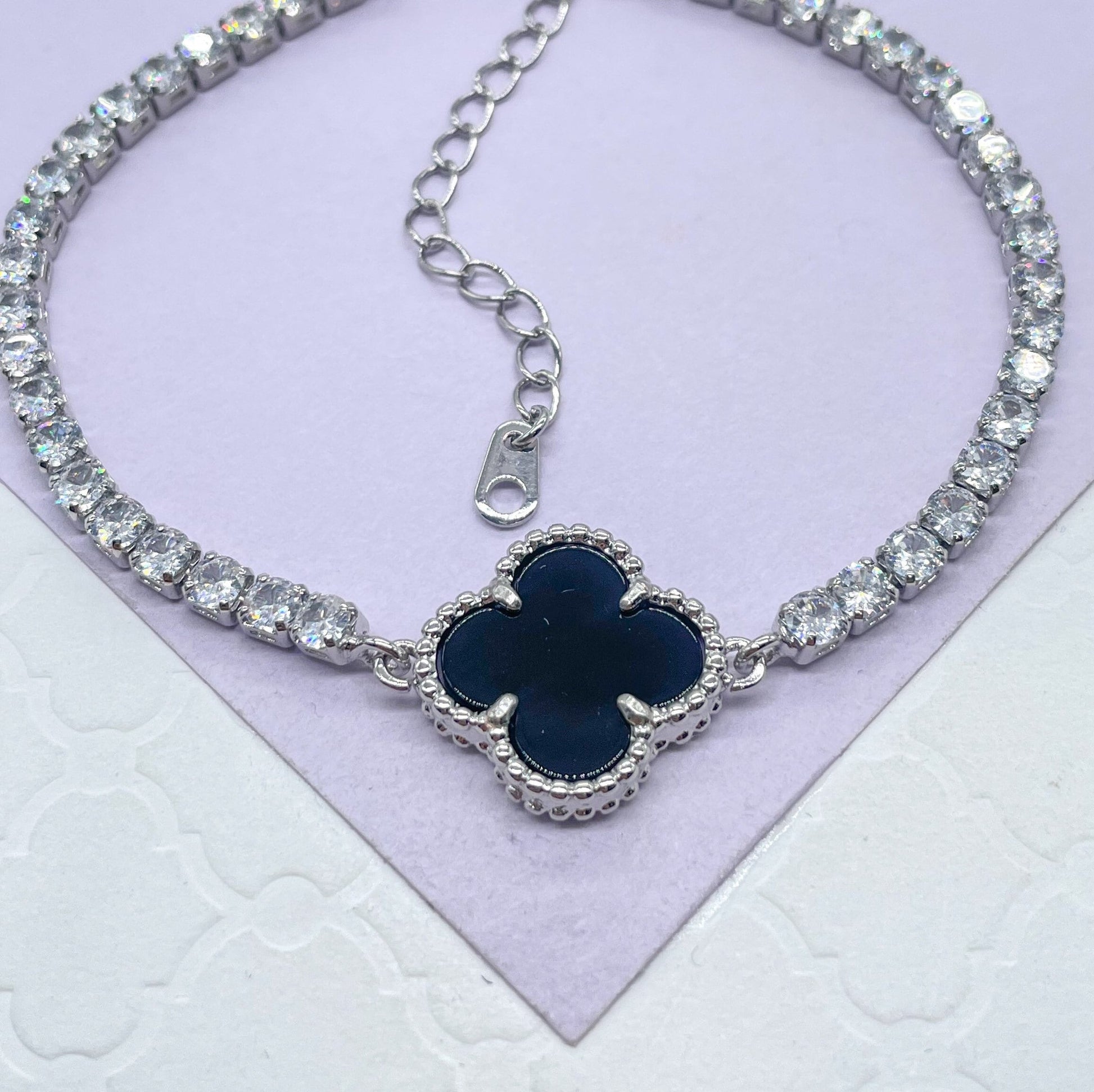 18k Silver Filled Tennis Chain Bracelet With Four Leaf Clover Charm