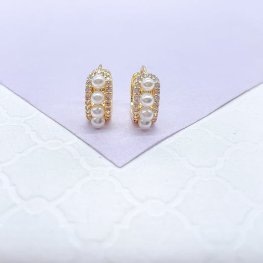 18k Gold Filled Huggies With Single Row of Pearl Surrounded With CZ