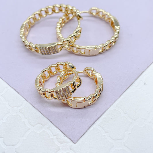 18k Gold Filled Plain Curb Link Hoop With Patterned CZ Pave Cube